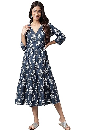 Image of Janasya Women's Cotton Floral Printed Wrap Dress