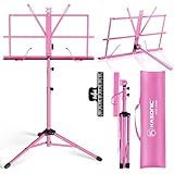 Music Stand, Kasonic Professional Stage Folding Sheet Music Stands; Height Adjustable, Lightweight & Portable, Pink Color with Carrying Bag/LED light/Music Sheet Clip, for Instrumental Performance