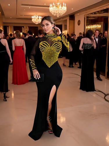 Image of Women's Sequin Prom Dress Evening Gowns for Formal Events | Elegant Sparkly Rhinestone Long Maxi Dresses for Formal Party,Gala,Wedding Guest,Fully Lined,Stretchy,Side Slit