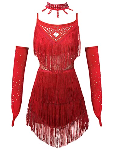 TTAO Enfant Fille Robe de Danse Latine Strass Franges Bandage Robe Salsa Samba Rumba Tango Jazz et Short de Danse Ensemble Performance 5-14 Ans Rouge 7-8 Ans