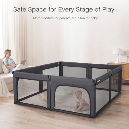 Image of Doradotey 8-Panel Foldable Baby Playpen for Toddlers 1-3, Adjustable Shape Large 59 inchx59 inch Indoor Playard, No Tools Assembly, 360 Breathable Mesh, Separate Washable Panels Safety Fence,Black