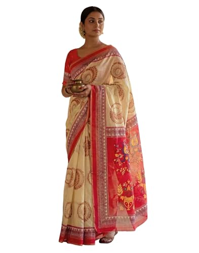 Image of SIRIL Women's Cotton Linen Printed, Zari Border One Minute Ready To Wear Saree With Unstitched Blouse Piece