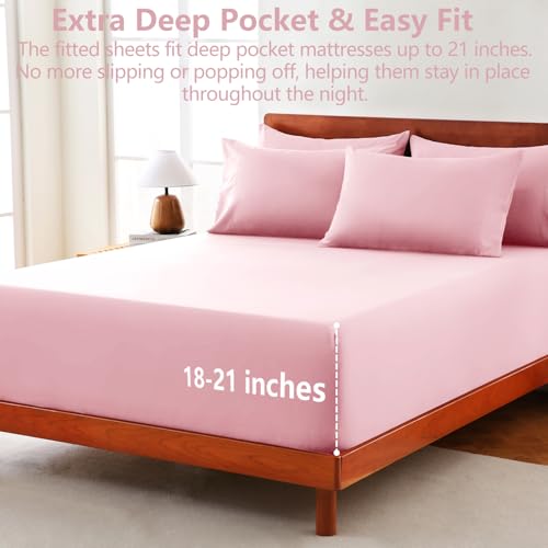 Image of CozyLux 4-Piece Twin Sheets Set, Fits 18-21 Inch Mattresses, Oeko-TEX | 2 Pillowcases, 1 Flat Sheet and 1 Fitted Sheet with All-Around Elastic and 21-Inch Deep Pocket for a Secure Fit, Pink