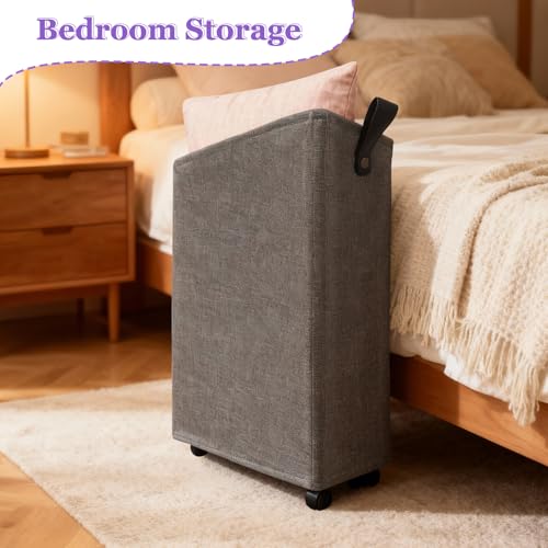 Image of Slim Rolling Laundry Basket with Wheels, 42L Narrow Laundry Hamper with Mesh Drawstring Cover & Handles, Collapsible Dirty Clothes Bin for Small Spaces, Dorm, Apartment, Bathroom, Dark Grey