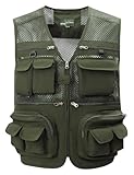 Gihuo Men's Fishing Vest Utility Safari Travel Vest with Pockets Outdoor Work Photo Cargo Fly Summer Vest (Army green-mesh, XXX-Large)