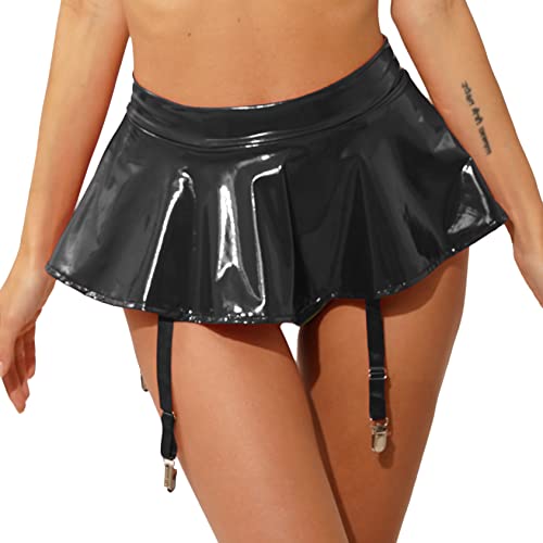 Hedmy Women Wet Look Pleated Vinyl Bodycon Mini Latex Skirt Tights Pencil Skirt Garter Belt Clubwear
