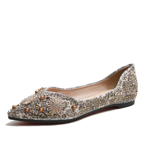 HROYL Women Rhinestones Dress Shoes Flats Elegant Ballet Flats Boho Flats Wedding Dressy Shoes Model YSX-223-2