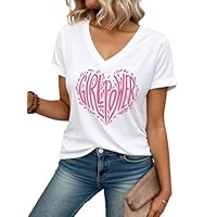 AiMgFUN Camiseta feminina feminina com estampa de coração rosa rosa casual de verão de manga curta e gola V, Gvwhite-02, P