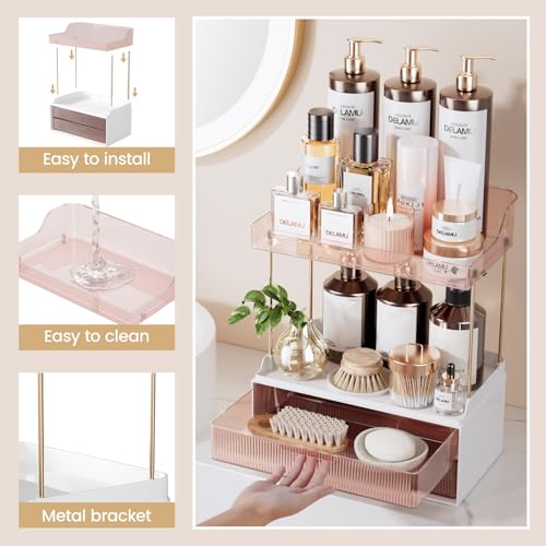 Image of Delamu 4-Tier Makeup Organizer, Bathroom Counter, 2 Drawers, Grapefruit