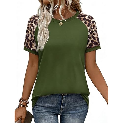 Tee Shirt Femme éTé T-Shirt Col Rond LéOpard Imprimé Manches Courtes Blouse éLéGant Top Haut Femme (Vert, M)