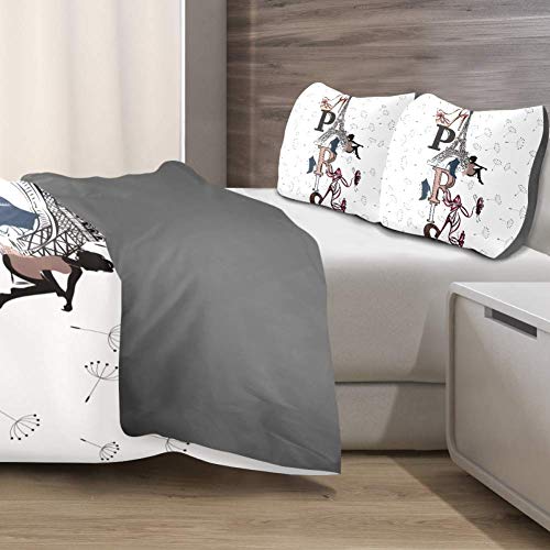 Fashion Illustration With Eiffel Tower Shoes Girl And Dandelions Duvet Cover Set Extra Long Twin Size,3 Piece Bedding Set With Zipper Closure And Corner Ties #TOP3