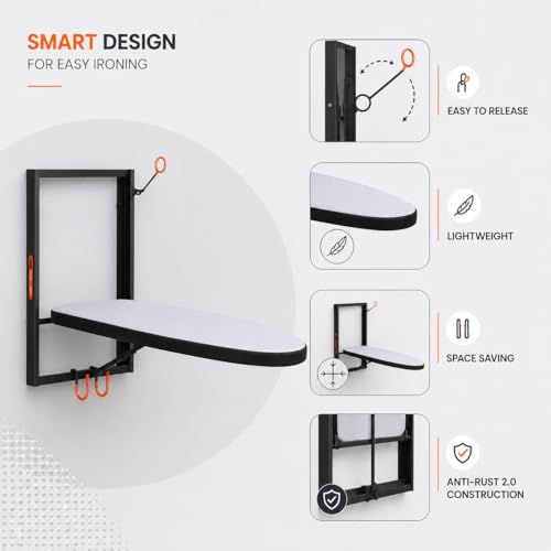 Image of Bathla X-Pres Vault Wall Mounted Ironing Board | Foldable Space Saving Iron Table for Clothes | Easy-Release Lever | Compact Wall Mount Design for Home & Laundry Room Removable Cotton Cover (Black)