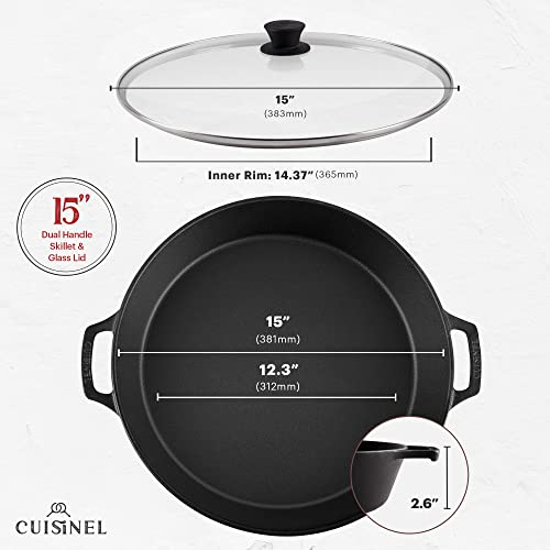 Image of Cuisinel Cast Iron Skillet + Glass Lid + Red Chainmail Scrubber - 15 inch-Inch Dual Handle Braiser Frying Pan + Silicone Handle Covers - Pre-Seasoned Oven Cookware - Indoor /Outdoor. PFAS and PFOA-free