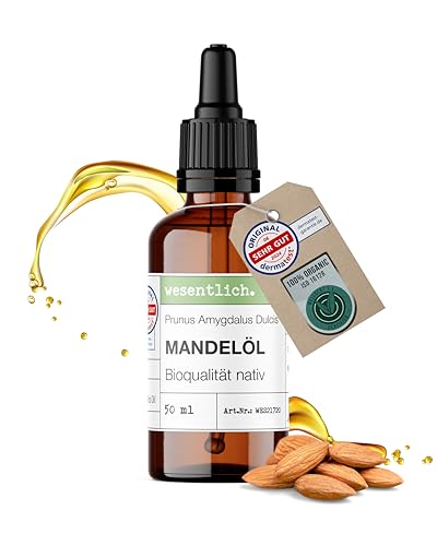 wesentlich. Aceite de almendras orgánico con pipeta, 50 ml, prensado en frío y 100% puro, aceite para el cuidado de la piel, cabello y cara, cosmética natural para pieles sensibles
