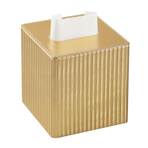 MEIBOOCH PU Leather Tissue Box Cover Square Cube Tissue Box Holder with Magnetic Closure Decorative Tissue Holder for Bathroom Bedroom Office (Gold Square)