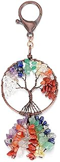 JSDDE Chakra Crystal Keyring Reiki Healing Crystals Tree of Life Gemstone Lobster Clip Keychain Charm for Key Bag (Round)