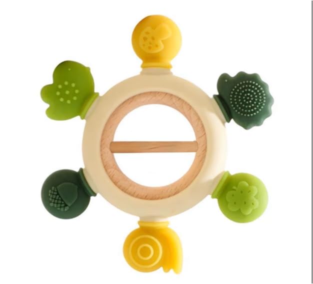 Baby Teether Rattle Toy with Silicone Textured Teething Pieces & Wooden Ring, Montessori Sensory Toy, Easy-Grip BPA-Free Teether for Infants 3–12 Months image 4