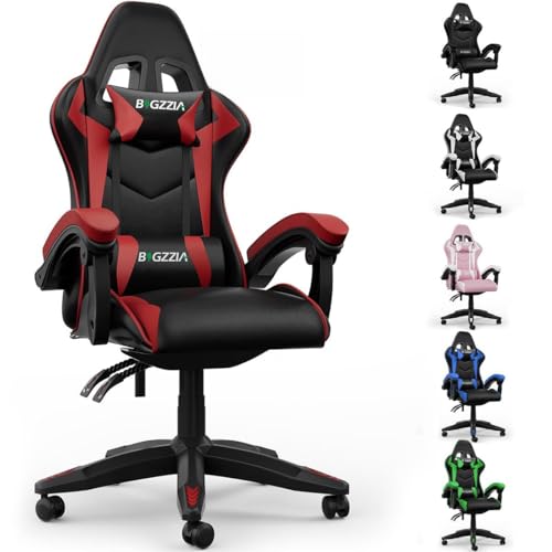 bigzzia Gaming Stuhl mit Bluetooth-Lautsprechern, Gaming Chair mit Lendenkissen und Kopfstütze, Gamer Sessel Höhenverstellbar, Pc Stuhl für Erwachsene Mädchen Junge, Rot