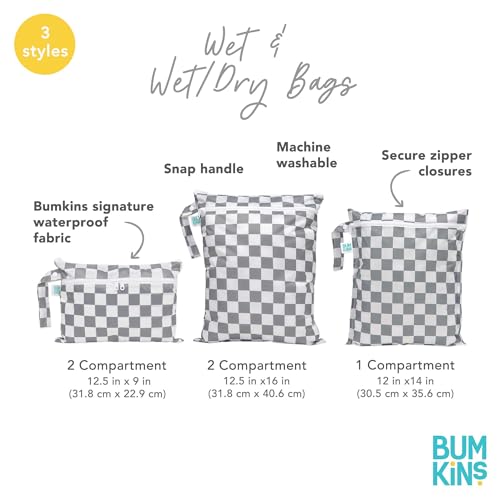 Bumkins Waterproof Wet Dry Bag for Baby, Travel, Swim Suit, Cloth Diapers, Pump Parts, Pool, Beach, Gym Clothes, Toiletry, Hook to Stroller, Daycare, Zipper Reusable Wetdry Packing Pouch, Black Hearts