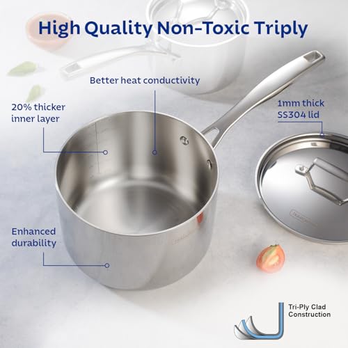 Image of Tramontina Aeion Triply 18cm / 2.9 Liter Stainless Steel Sauce Pan with SS 304 Lid | Healthy, Non Toxic | Milk Pan /Tea Pan | Induction Friendly | Stay Cool Handle | NSF Certified | 10 Year Warranty