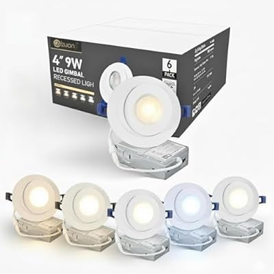 Oizuon Gimbal Recessed Lighting 4 Inch – 5CCT (2700K/3000K/3500K/4000K/5000K) with 90° Tilt & 360° Rotation, 750LM Dimmable Ceiling Light – 9W LED Kitchen Ceiling Light for Home, Office – 6 Pack