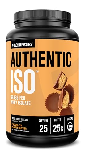Jacked Factory Authentic ISO Grass Fed Whey Protein Isolate Powder - Low Carb Non-GMO Muscle Building Protein w/No Fillers Post Workout Recovery Chocolate Peanut Butter - 25 Servings