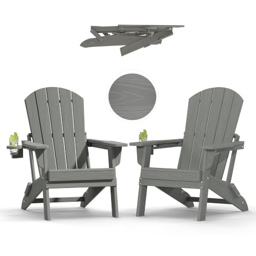 Image of Plawdlik Folding Adirondack Chair, SGS Tested, Wooden Textured with Cup Holder, Heavy All-Weather HDPE Comfortable Set Poolside Backyard Lawn Grey Set 2