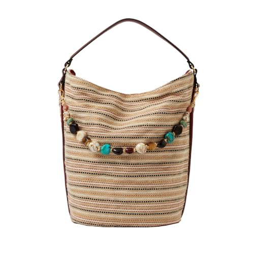 ccessorize London Cream Stripe Shoulder Bag With Charm Boho Beach Tote Bag for Ladies Woven Hobo Handbag with