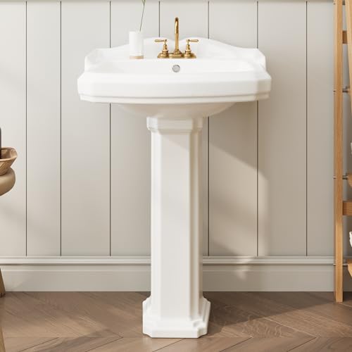 Bathroom Pedestal Sinks,Pedestal Sink 23" W X 19" D Vintage White Ceramic Pedestal Bathroom Sink With Overflow and 3 Pre-Drilled Holes - Fits 4-Inch Faucets