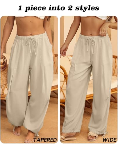 Image of Women's Linen Balloon Barrel Beach Pants Boho Harem Flowy Drawstring Casual Loose Pants with Pockets