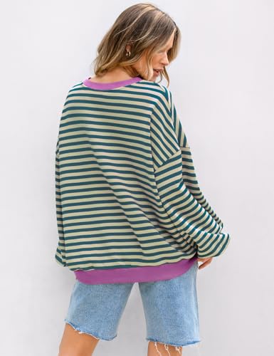 Image of UEU Women Oversized Striped Crewneck Sweatshirt Long Sleeve Color Block Pullover Tops Casual Loose Workout Shirt