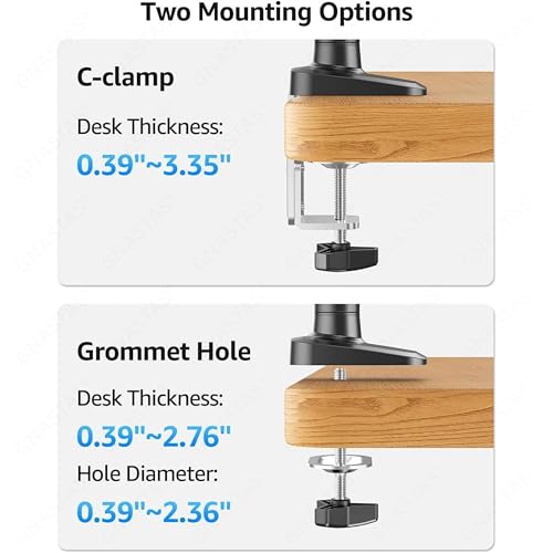 Image of Heavy Duty Single Monitor Arm Monitor Stand Gas Spring Desk Mount for 17-42 Inch Screens, Fully Adjustable, 2-12 kg, VESA 75x75 & 100x100 mm, C-Clamp & Grommet Base, Black & White