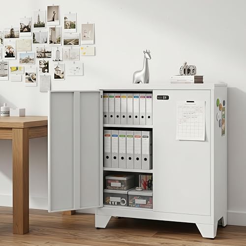 LHForgetech Aufbewahrungsschrank mit 2 Türen, Stahlspind, Abschließbarer Metallschrank mit Zahlenschloss, Verstellbare Regale, 90x80x40 cm, Mehrzweckschrank für Büro Garage & Haushalt, Weiß