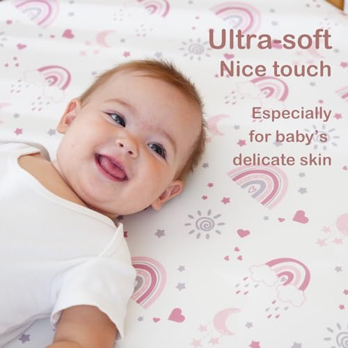 Fiemol Baby Crib Sheets Girl, 3 Pack Toddler Bed Sheets For 52 Inchx28 Inch Standard Toddler Mattresses, Soft Microfiber Fitted Crib Sheets Pink Rainbow thumb #1