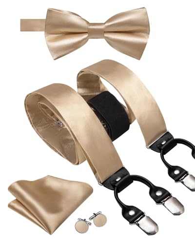 Image of Hi-Tie Men Suspender Bowtie Set Suspenders Pre-tied Bow Tie Pocket Square Cufflinks Adjustable Y Shape 6 Clips Braces Tuxedo