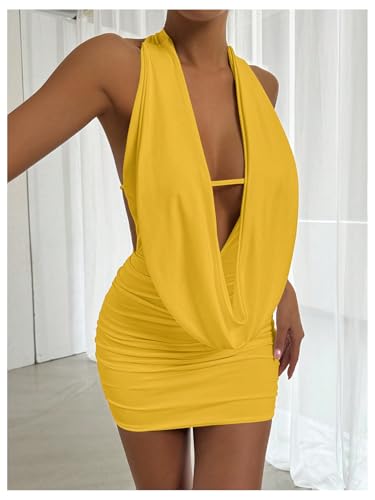 Image of SOLY HUX Women's Sexy Deep V Neck Halter Bodycon Mini Dress Sleeveless Party Club Dresses