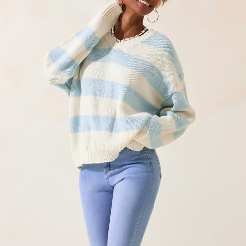 Image of Women Striped Chunky Knit Sweater Drop Shoulder Long Sleeve V-Neck Oversized Sweater Pullover Loose Knit Jumper Top