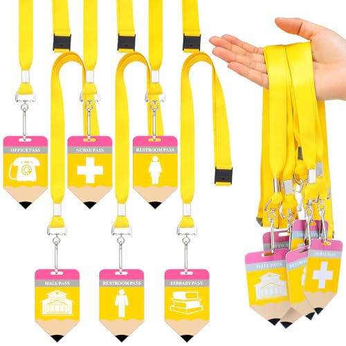 Kosiz 6 Sets Hall Pass Lanyards and School Passes Set for Classroom PVC Unbreakable Waterproof Pencil Passes for Student Classroom Hall, Restroom, Library, Office, Nurse Teacher Must Have Supplies