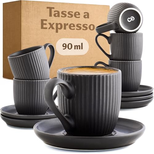 Cosumy Tasse à Café Expresso avec Anse - 6 Tasses 90ml avec Soucoupes - Motif Unique à rayures - Céramique Noir Mate - Lavable en lave-vaisselle