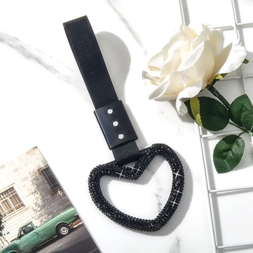 Image of Fabbay Bling Car Accessories Bling Heart Handle Ring Car Accessory for Women Hand Strap Drift Charm Rear Bumper Warning Ring Decor for Auto Bus Interior Exterior Decoration (Black, Heart Style)