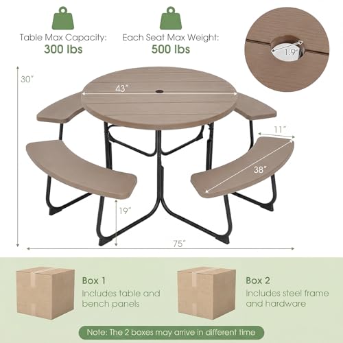 Image of Tangkula 8 Person Picnic Table, Outdoor Round Picnic Table with 4 Built-in Benches, Umbrella Hole, Metal Frame & HDPE Tabletop, Outside Table and Bench Set for Backyard, 2300lbs Weight Capacity