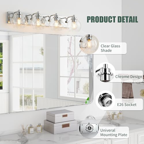 Image of 4 Light Bathroom Light Fixtures-Chrome Bathroom Vanity Lights, Modern Vanity Lights 4-Light Bathroom Lighting Fixtures Over Mirror with Clear Glass Globe Shade