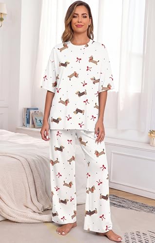 Image of PrinStory Womens Pajamas Sets 2 Piece Lounge Set Short Sleeve Tops and Long Pants Soft Pjs Loungewear with Pockets
