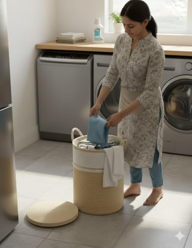 Image of lid Laundry Basket for Clothes, Toy Storage Basket, Storage Basket for Living room, Multi-Purpose, Extra Large Laundry Basket, Dirty Cloth Baskets, 15x20 in inch (LXH) (BG7)