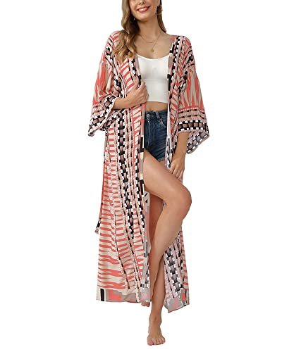 Women Swimsuit Cover Up Bathing Suit Bohemian Kimono Long Beach Dress Cardigan Open Front Bikini Swim Coverup with Drawstring