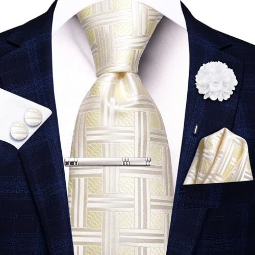 Image of Hi-Tie Beige Yellow Plaid Men's Dress Tie Sets Silk Woven Neckties and Pocket Square Lapel Pin Silver Tie Clip Cufflinks Set Wedding Business 6PCS
