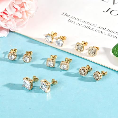 Image of NEWITIN 6 Pairs Gold Earrings for Men Women Halo Stud Earring Set | Hypoallergenic, 18K Gold Plated Stainless Steel, Cubic Zirconia, Round Square Diamond Stud Earrings, Unisex Earrings Set, 8mm