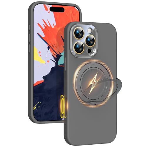 Image of Silicone 360 Spin Magnetic Stand Case for iPhone 16 Pro Max, [Compatible with Mag-Safe][Reinforced Hard Camera Protection] Liquid Silicone Rubber Phone Cover with Ring, Camera Button, Slate Gray