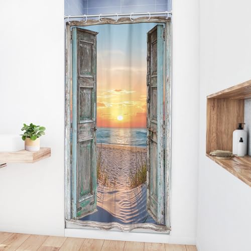 Image of Riyidecor RV Small Half Beach Shower Curtain 36Wx72H Inch Stall Narrow Seaside Ocean Barn Door Curtains Sea Scenery Rustic Single Bathroom Laundry Decor Fabric Polyester Waterproof 7 Pack Hooks