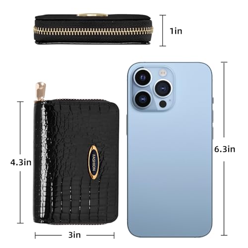 Accordion Wallet Women Small Cute Short Wallets Patent Leather Womens Credit Card Holder Coin Purse with Zipper for Women Ladies - Black2